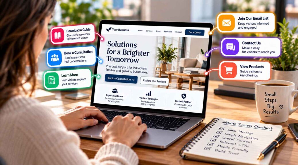 Cozy Workspace with Website CTA Callouts